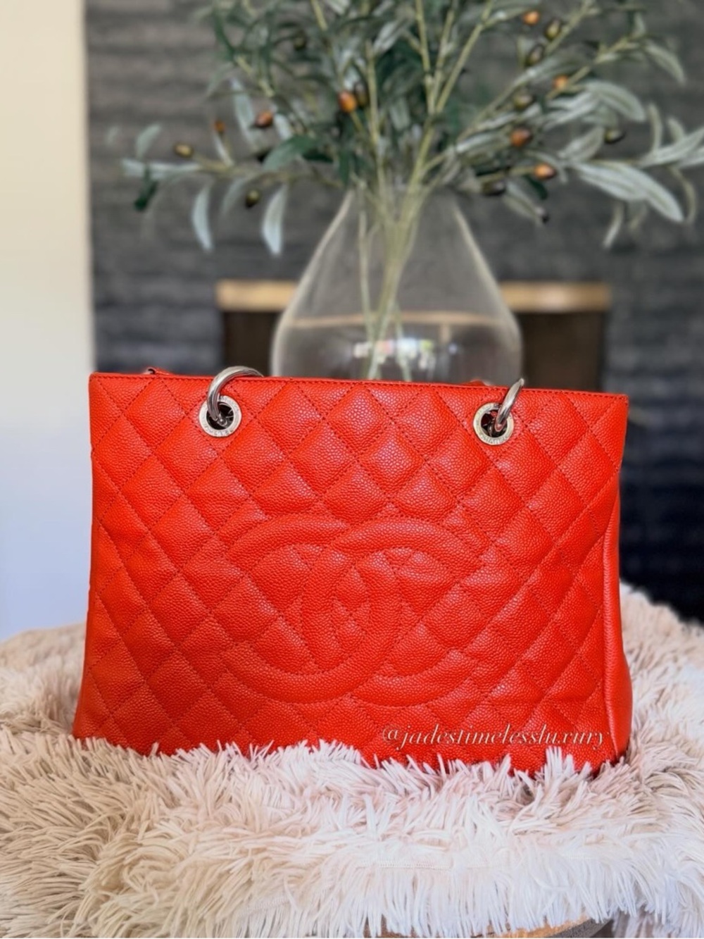 CHANEL Quilted Caviar Leather Tote in Red Orange - Grand Shopping Tote (GST)